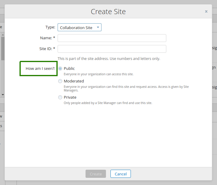 Create site dialog with an updated field