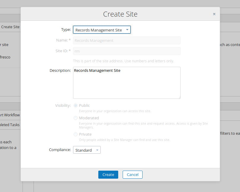 Create site dialog with RM 2.5.b