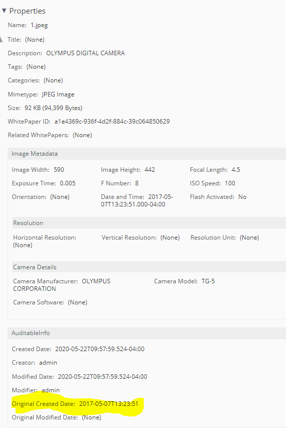 Image medata and original created/modified dates extratcted via TikaAutoMetadataExtracter